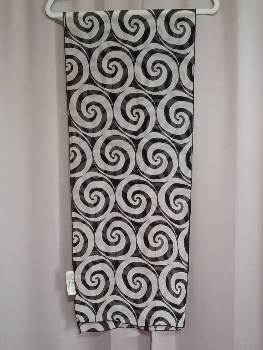 Creative Connections New York Silk Oblong Scarf 66×13 Black White Mod Swirl